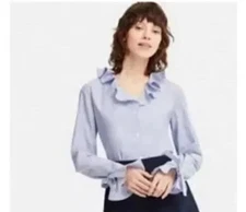 JW Anderson x Uniqlo Women Blue Ruffle Tie Long Sleeve Shirt Blouse Size S