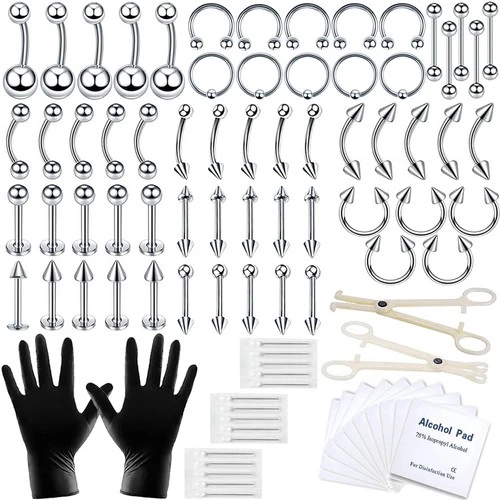 84PCS Body Septum Piercing Kit 14G 16G Tools for Nose Tongue Lip Ear Eyebrow ... - product listing photo