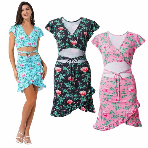 Sexy Damenkleid Sommer Blumenmuster tief V-Ausschnitt hohl aus A-Linie Minikleider - Bild 2 von 18