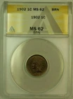 1902 Indian Head Cent Penny 1c ANACS MS-62 BRN BN (Choice for Grade)