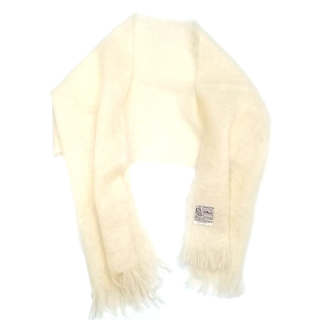 Vtg Glen Cree Scotland 100% Mohair Wrap Scarf Ivory Cream Soft Wool Knit Luxury