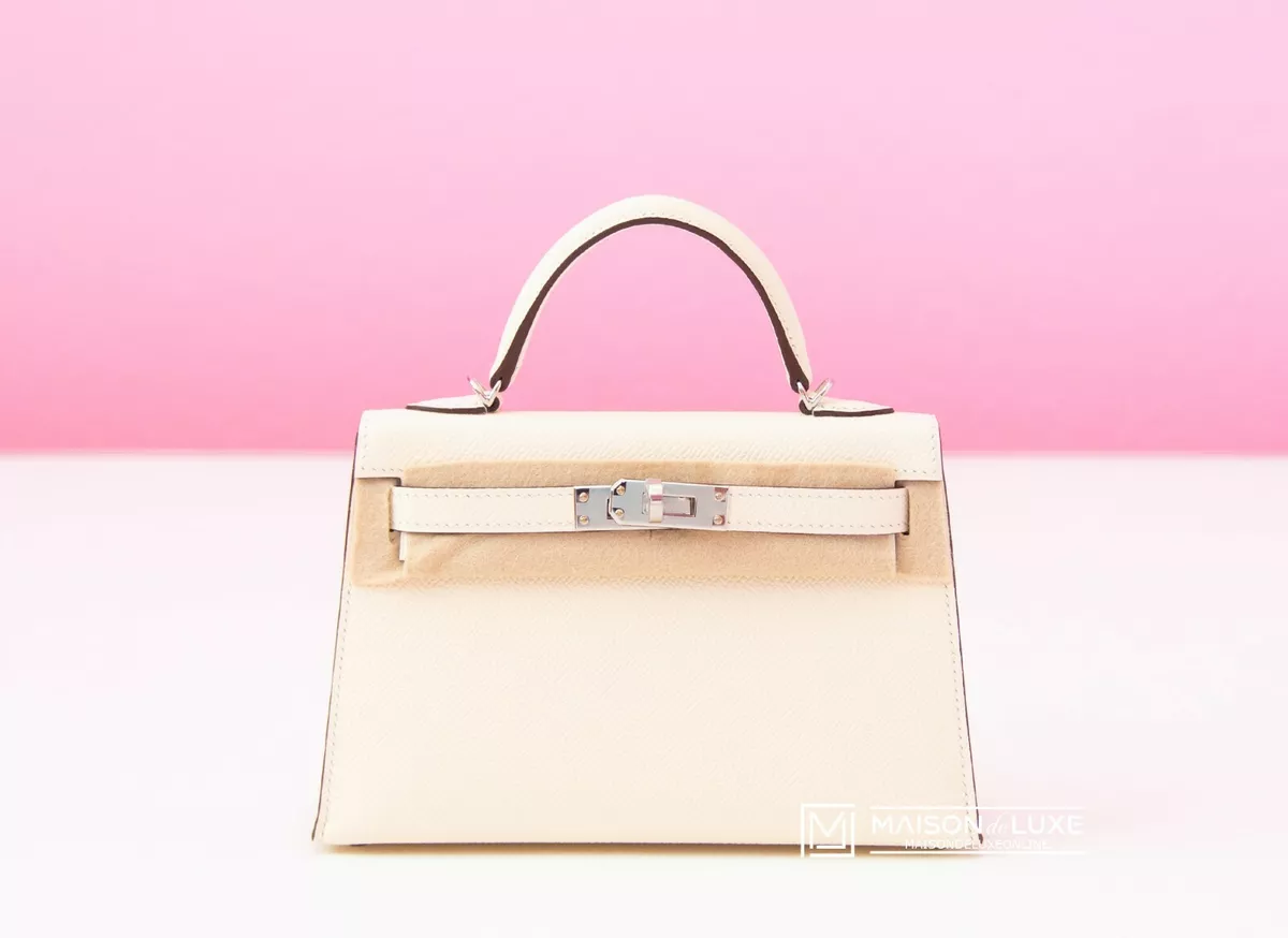 NEW HERMES NATA WHITE MINI KELLY II 20 BAG EPSOM POCHETTE CUT BIRKIN BEIGE