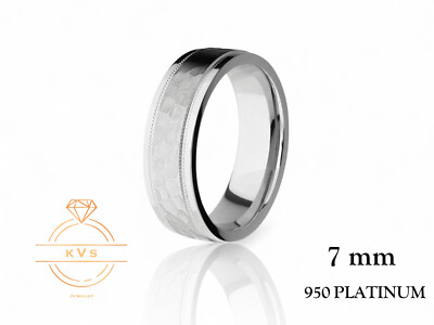 950 Platinum Solid 7mm FLAT Milgrain Wedding Band Ring - Comfort Fit Hammered