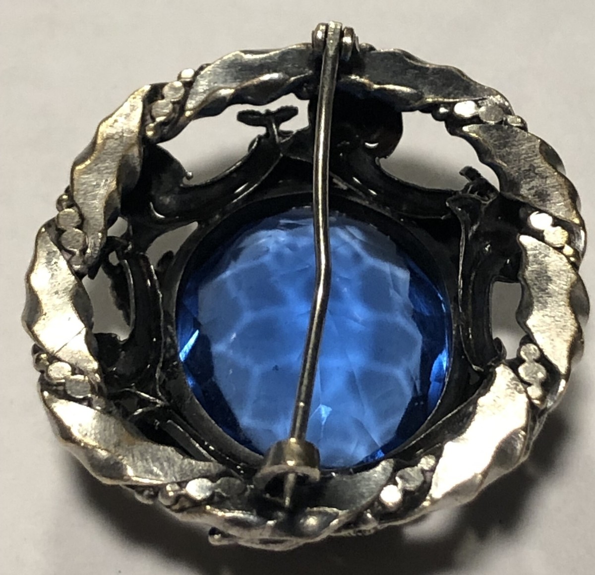 Stunning Antique C Clasp Blue Glass Sapphire Rhinestone Floral