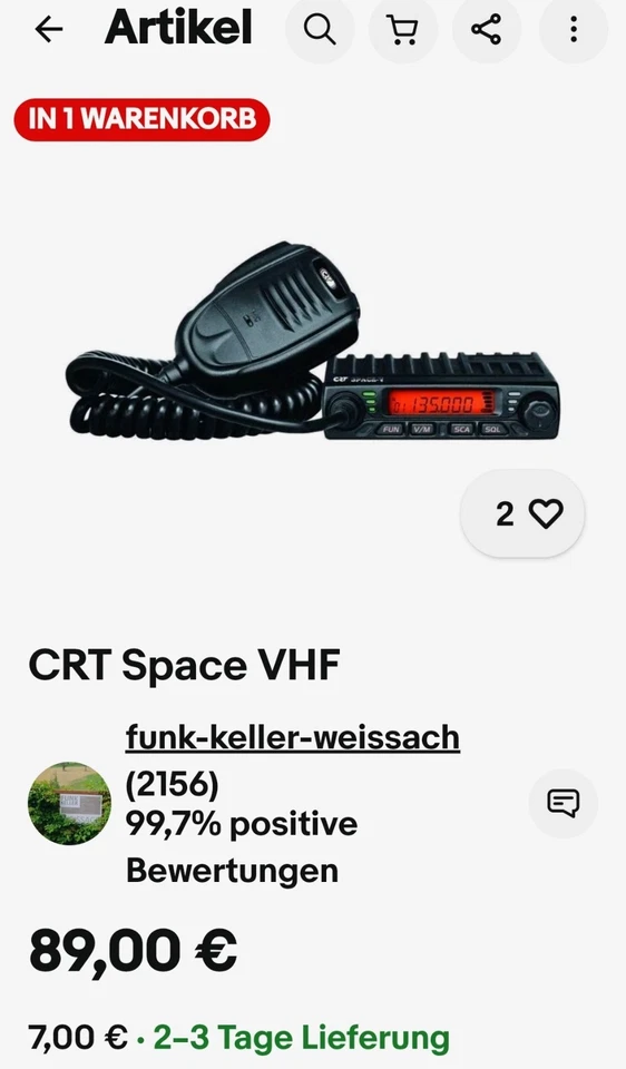 CRT SPACE UHF Mobilfunkgerät 137-174 MHz inkl. KFZ-Mobilantenne UT-72