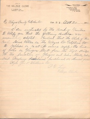1902 Clyde NY Village Clerk Letter Wayne Co Telephone Co Glasgow Street
