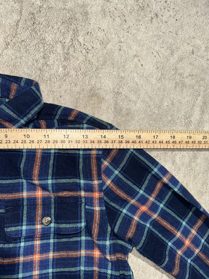 CAMISA INFORMAL VIEJA AZUL MARINO NIÑOS TALLA L 10 12 AZUL NARANJA FRANELA A CUADROS ABOTONADA Foto 4 de 4