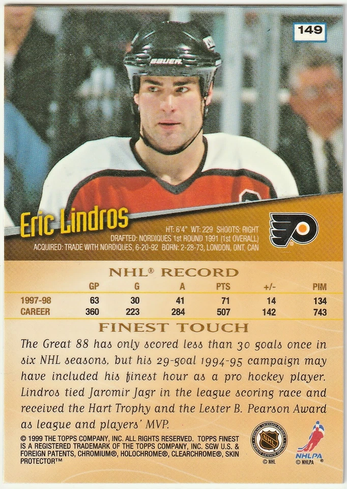 1998-99 Topps (Finest) "Finest Touch" Card # 149 Eric Lindros! - Image 2 of 2