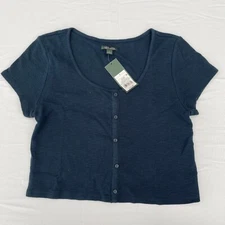 Wild Fable Women's Form-Fitting Crop Top Cotton Button Style Tee Navy Size L New