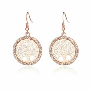 Authentic Yellow Gold Plated Crystal Accented Tree of Life Hook Drop Dangle Earrings