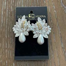Clip On Earrings Beaded Jeweled White 2" NEW