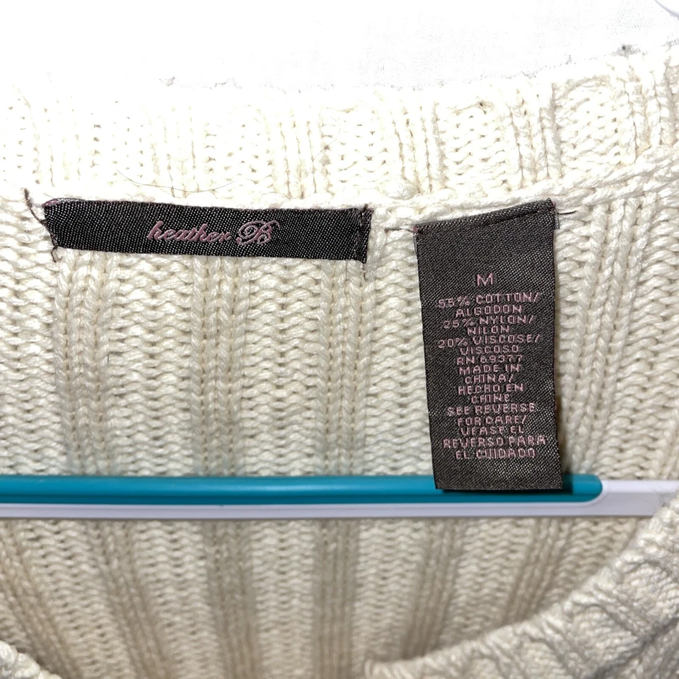 Heather B Womens Cable Knit Sweater Size Medium Ivory Going Out Party 3/4 Slv - Image 2 of 4
