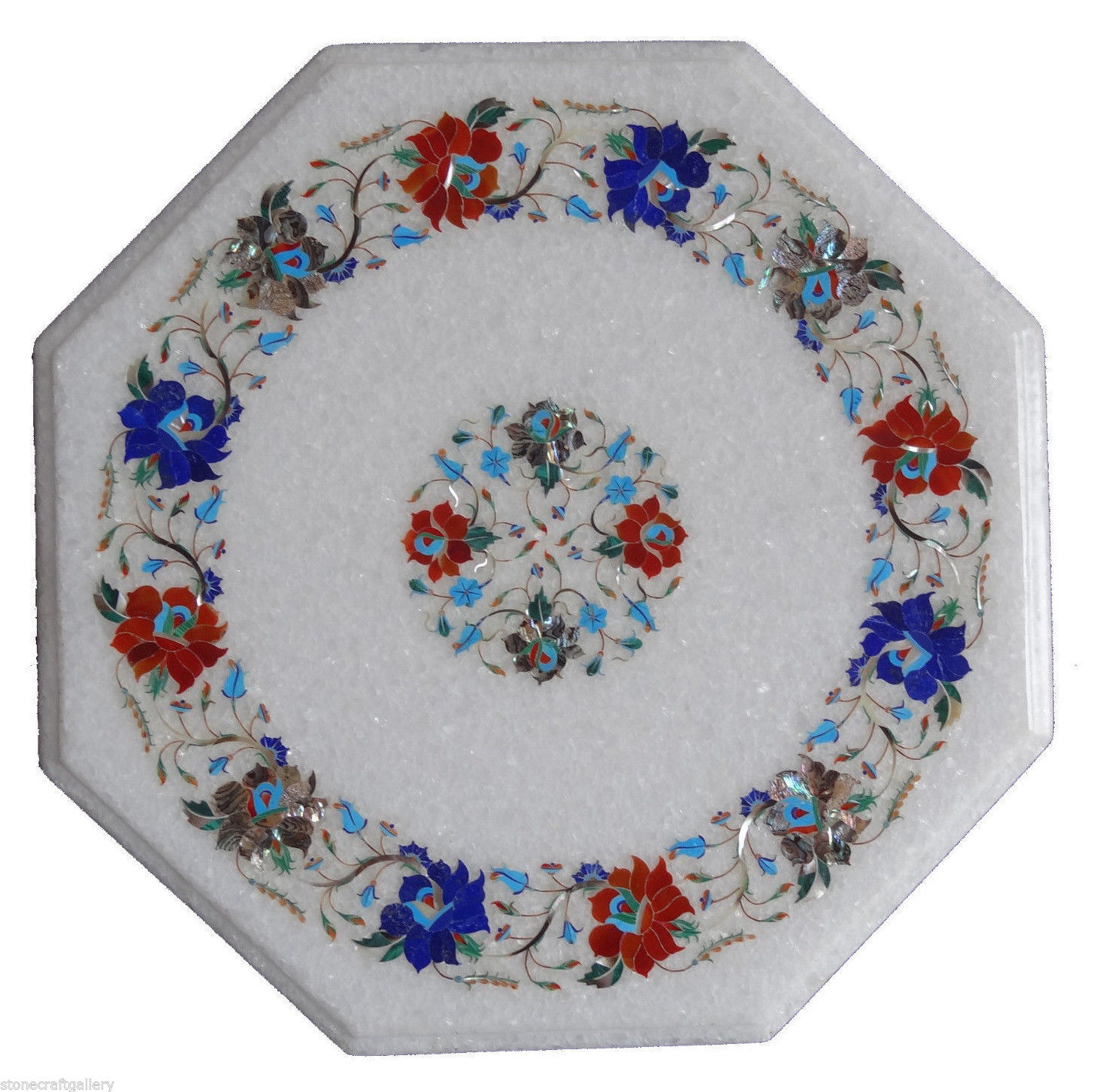 12 Inch Handmade Marble Coffee Table Top with Semi-Precious Stone Floral Art Decor