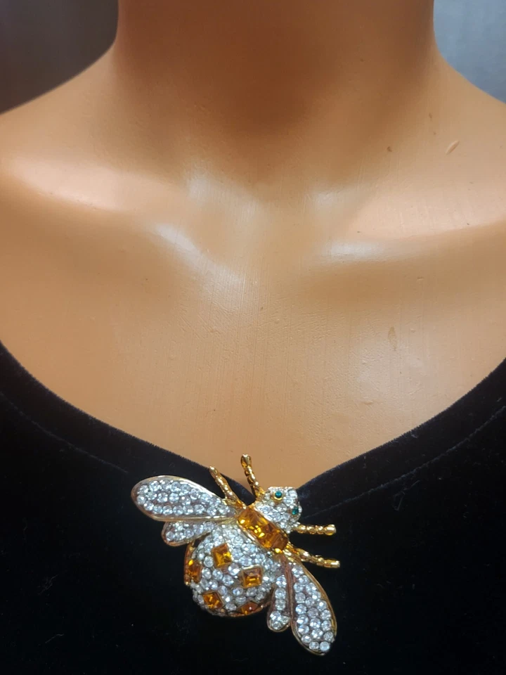 Large Gold Tone Rhinestone Bee Brooch Pin with Amber Glass & Emerald Glass Eyes
