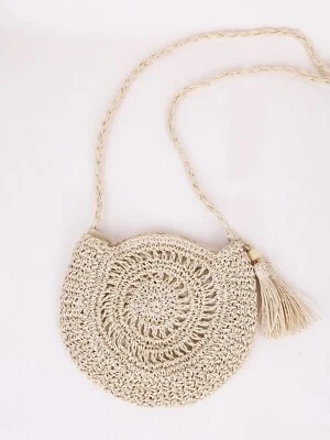 Womens Beige Minimalist Small Tassel Round Crossbody Straw Beach Bag Summer Gift - Image 1 of 4