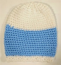 Beanie Knit Hat Winter Stocking Cap Handmade White Blue