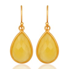 Chalcedony Earrings, Dangle Earrings, Gemstone Earrings, Yellow Tone Earring