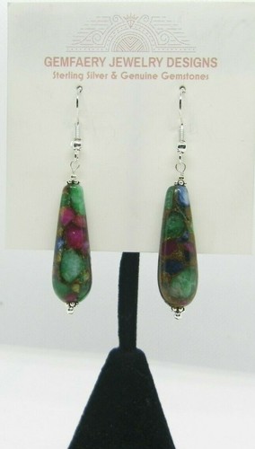 Sterling Silver SAPPHIRE, RUBY, EMERALD Dangle Earrings #6277...Handmade USA - Picture 3 of 6