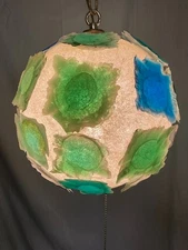 Vtg 60s Blue Green Lucite Rock Candy fiberglass Globe Swag Lamp Ceiling light