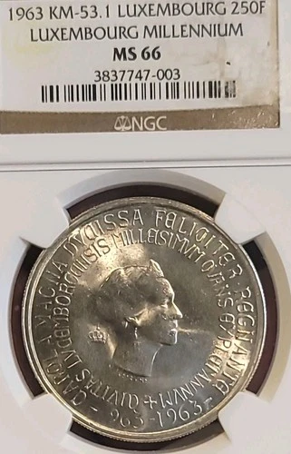 Luxembourg 1963 250 Fr. Superb gem Full Luster Sharp Strike NGC 66PQ LG