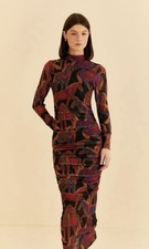 Farm Rio Wild Horses Tulle Midi Dress Ruched Long Sleeve Size XL $210 Lined