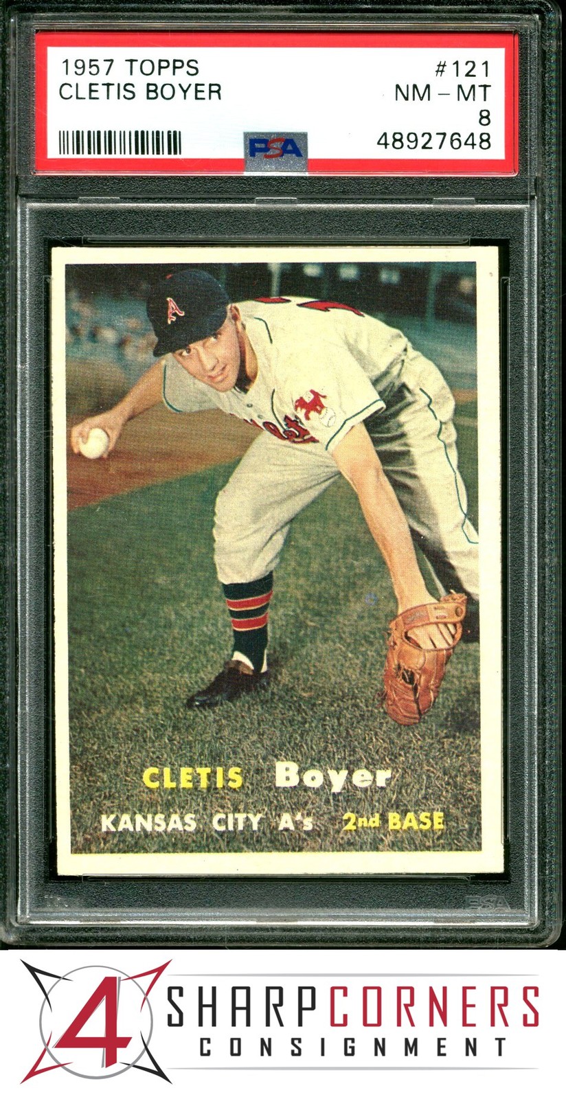1957 TOPPS #121 CLETIS BOYER RC ATHLETICS PSA 8
