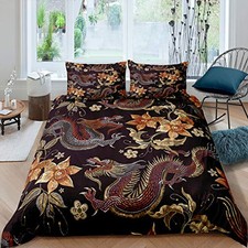 Boys Dragon Duvet Cover Golden Exotic Floral Bedding Set for Kids Twin Multi 11