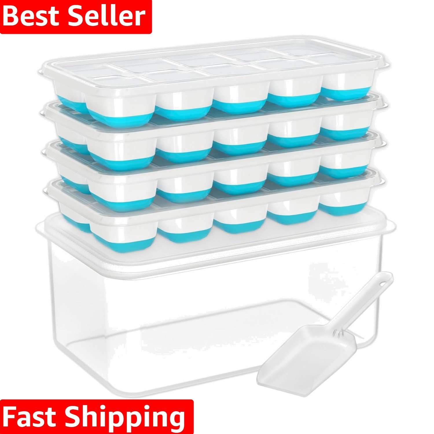 4-Pack Stackable Silicone Ice Cube Trays with Lids & Bin for Perfect Ice Storage