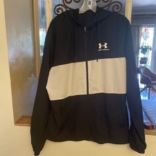 Under Armour UA Jacket Mens Medium Navy Black Hooded Full Zip Windbreaker