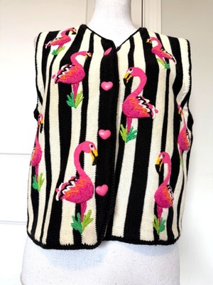 Vtg Michael Simon New York Striped Flamingo Knit Sweater Vest Sz M Heart Buttons