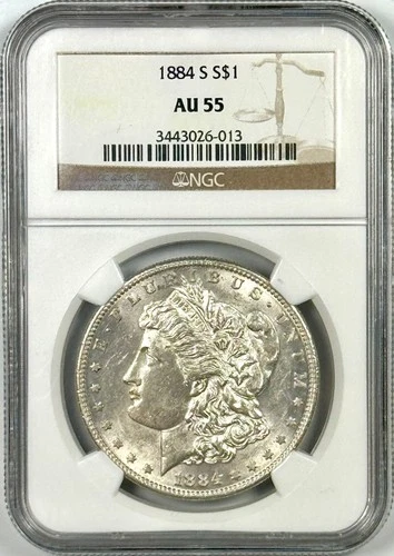 1884-S $1 MORGAN SILVER DOLLAR NGC AU55–EXCELLENT EYE APPEAL