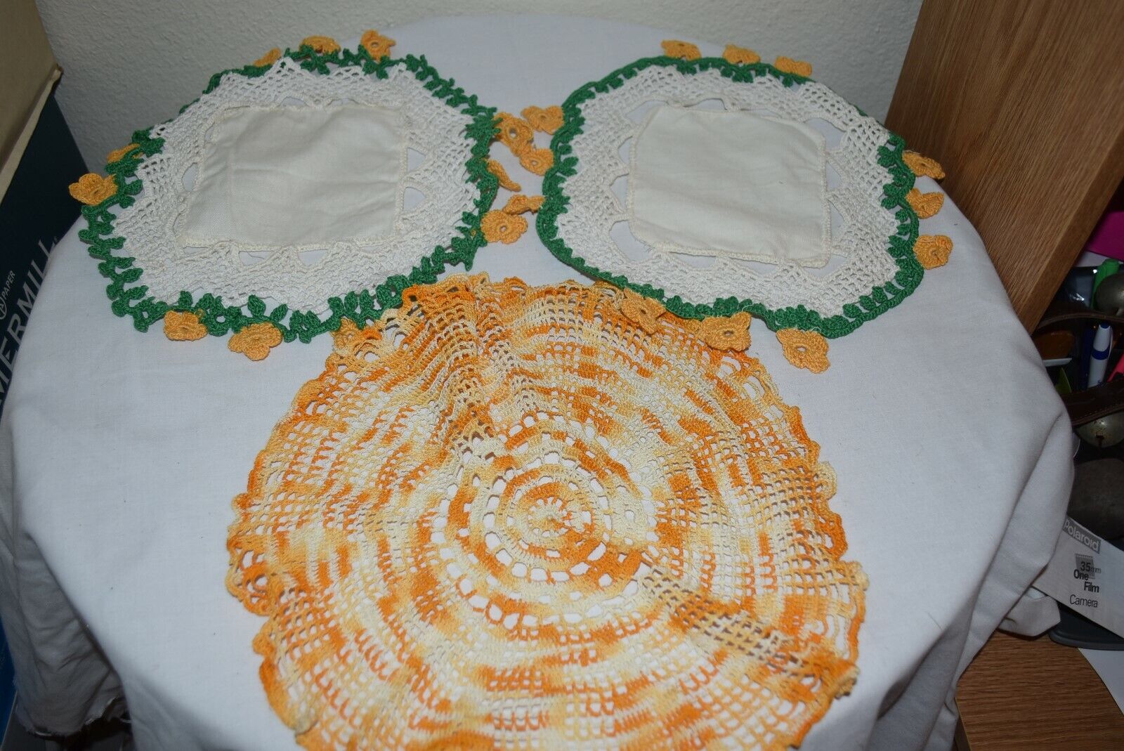 VINTAGE CROCHET DOILIES 3 piece Yellow SCARF TABLE Round Max 65% OFF Save money RETRO S