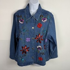Tantrums Blue Embroidered Jacket sz M Floral Beaded Sequins Maximalist 90s Retro