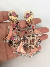 Statement Vtg Lunch At The Ritz Ice Skating Crystal  Gold Tone Clip Earrings
