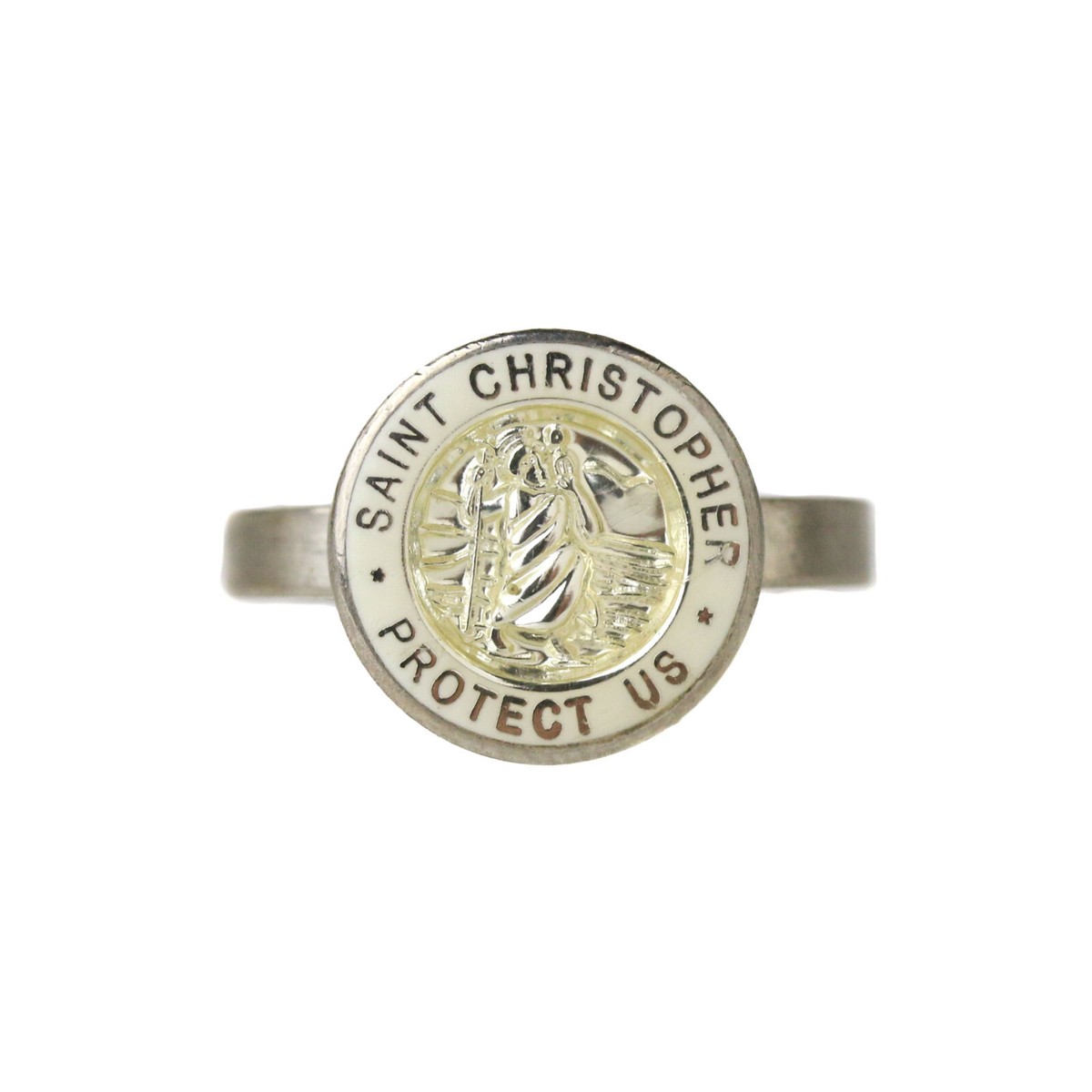Vintage Metal White Enamel Christopher Medal Ring Sz