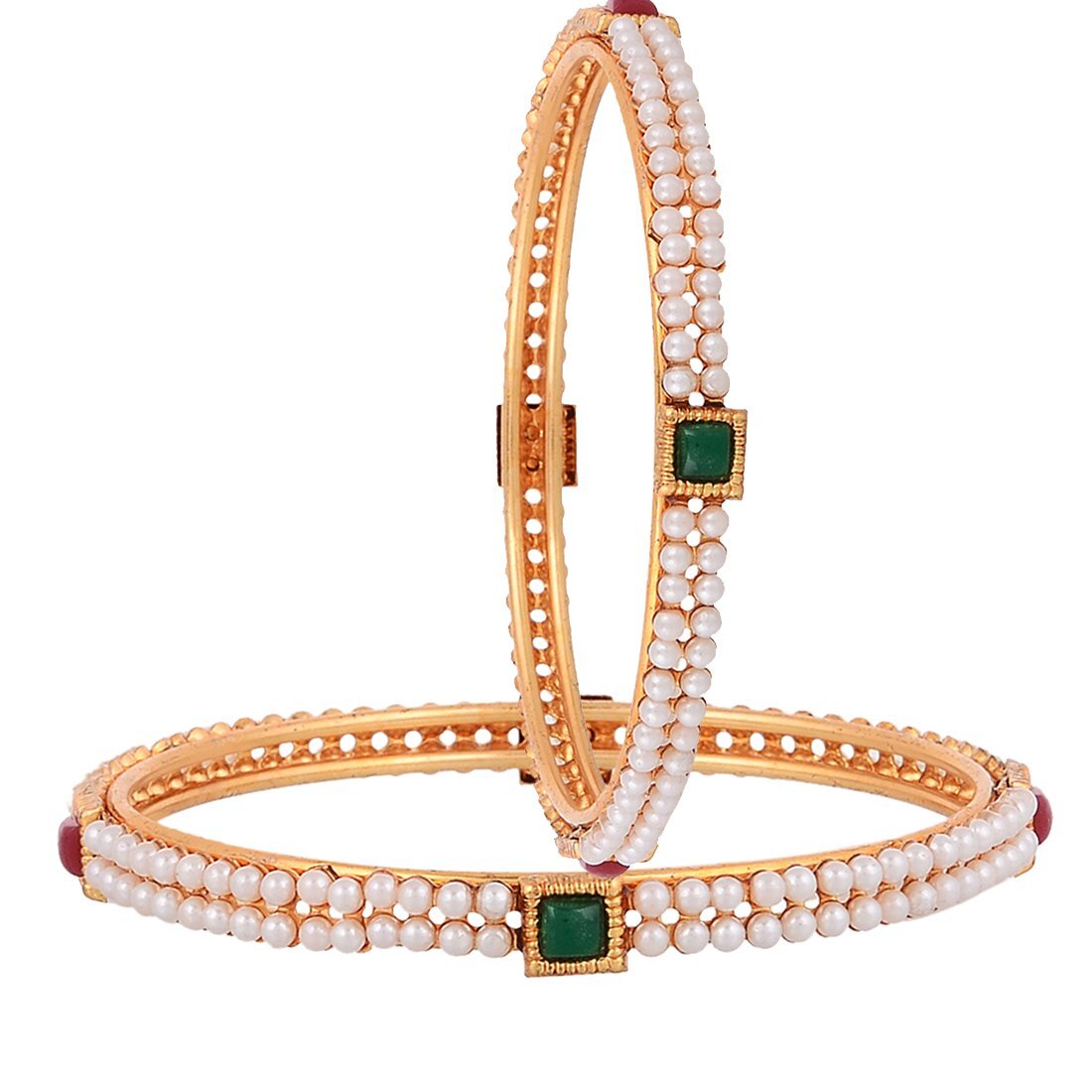 Gold Plated Pearl CZ Studded Bangle Bracelet Jewellery For Women & Girls 2 Pcs