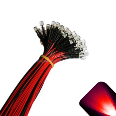 50 x 12v 5mm Flat Top Pre Wired Red LED Wide Angle 13v 14v 15v Prewired Light