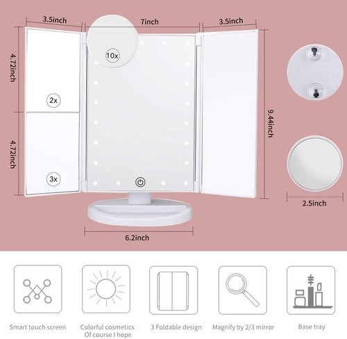 Tri-fold Makeup Mirror 22 LED Lights Magnification X2 X3 X10 Cosmetic Vanity 180 - Picture 2 of 7