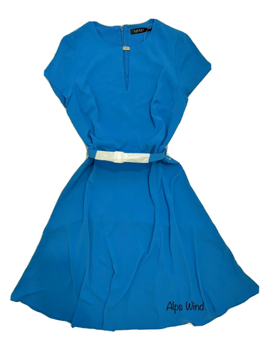 LAUREN Ralph Lauren Split V-Neck Keyhole Belted Georgette Dress Tropic Roy SZ.12 - Picture 4 of 10