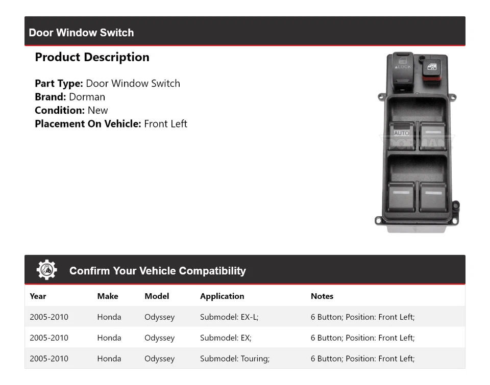 Interruptor de ventana de puerta delantera izquierda para Honda Odyssey Dorman 2005-2010 2006 2007 2008 Foto 2 de 4