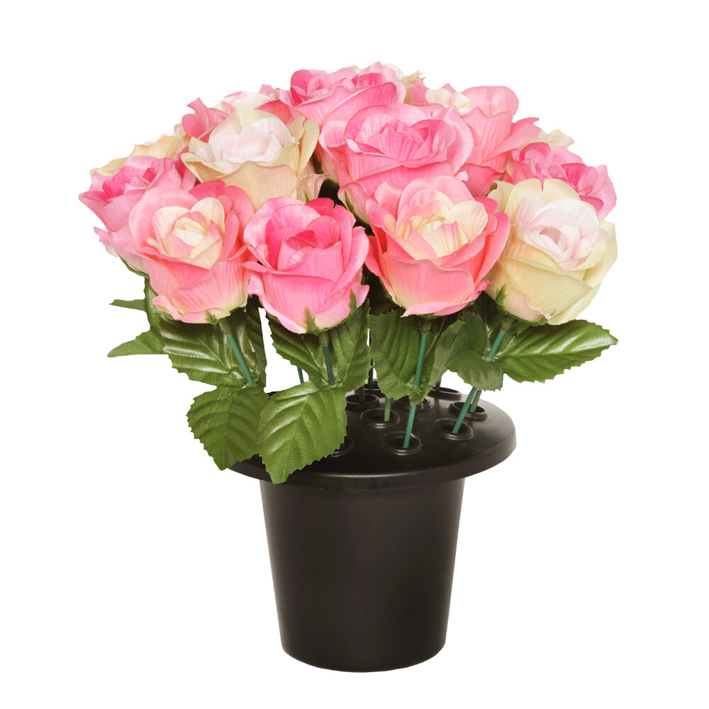 Grave Pot Artificial Open Rose Pink & Vintage Cream