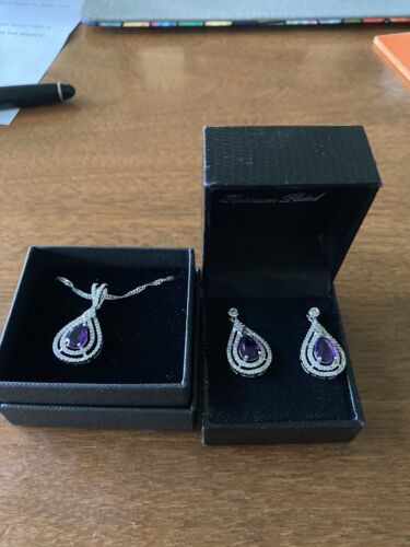 Gold Coast Platinum Plated Purple Gem Necklace Earrings  New - Picture 1 of 7