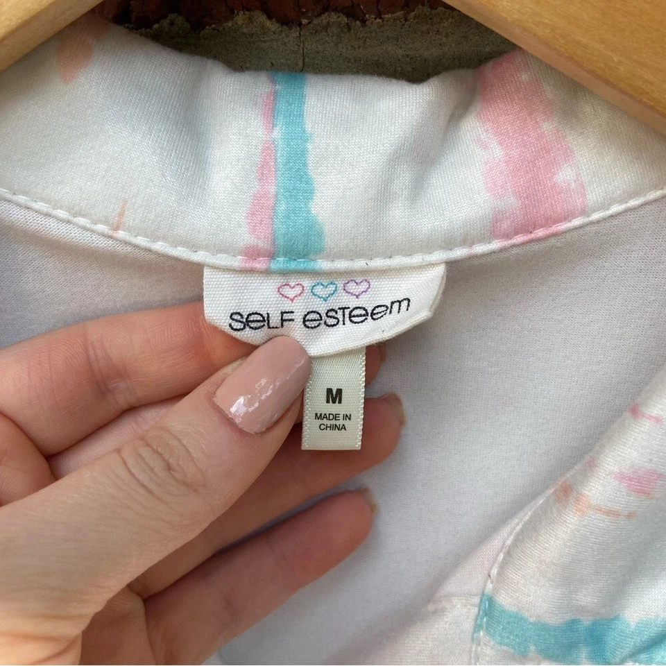 Self esteem Cream and Yellow Blue and Pink Collared Button Down Front Knot Top - Image 2 of 2