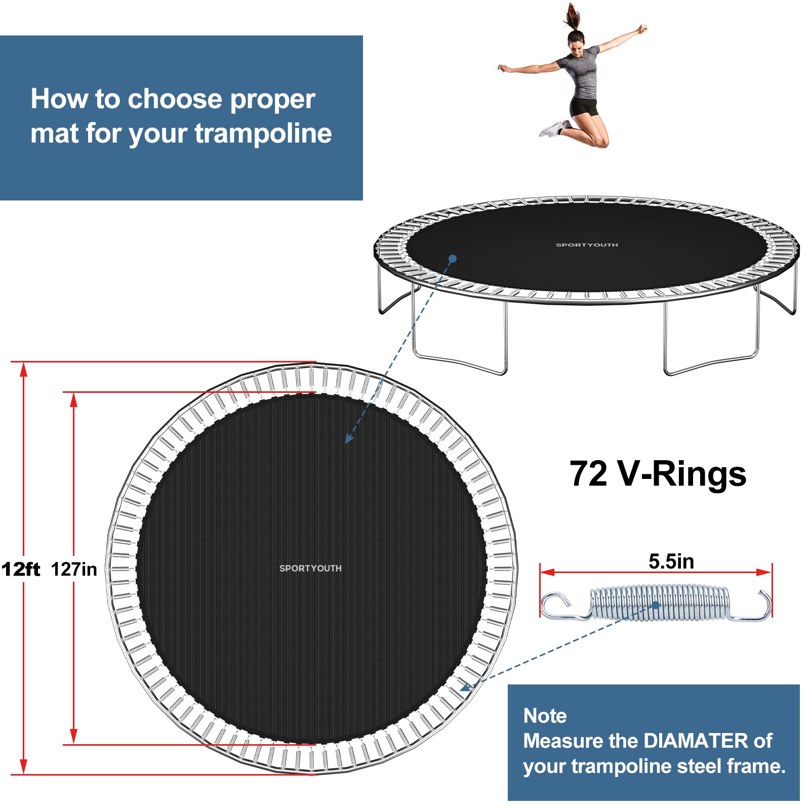 Round Replacement Trampoline Spring Mat Spare Part Fits 12ft 14ft 15ft Frame