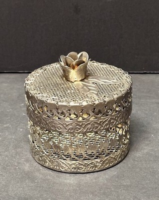 VTG MCM Gold Plate Pierced Repoussé Metal Trinket Box Flower Finial Vanity 1950s