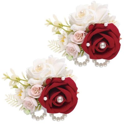 2 PCS Dark Red Rose Wrist Corsage Bridal Hand Flower Silk Artificial Decor