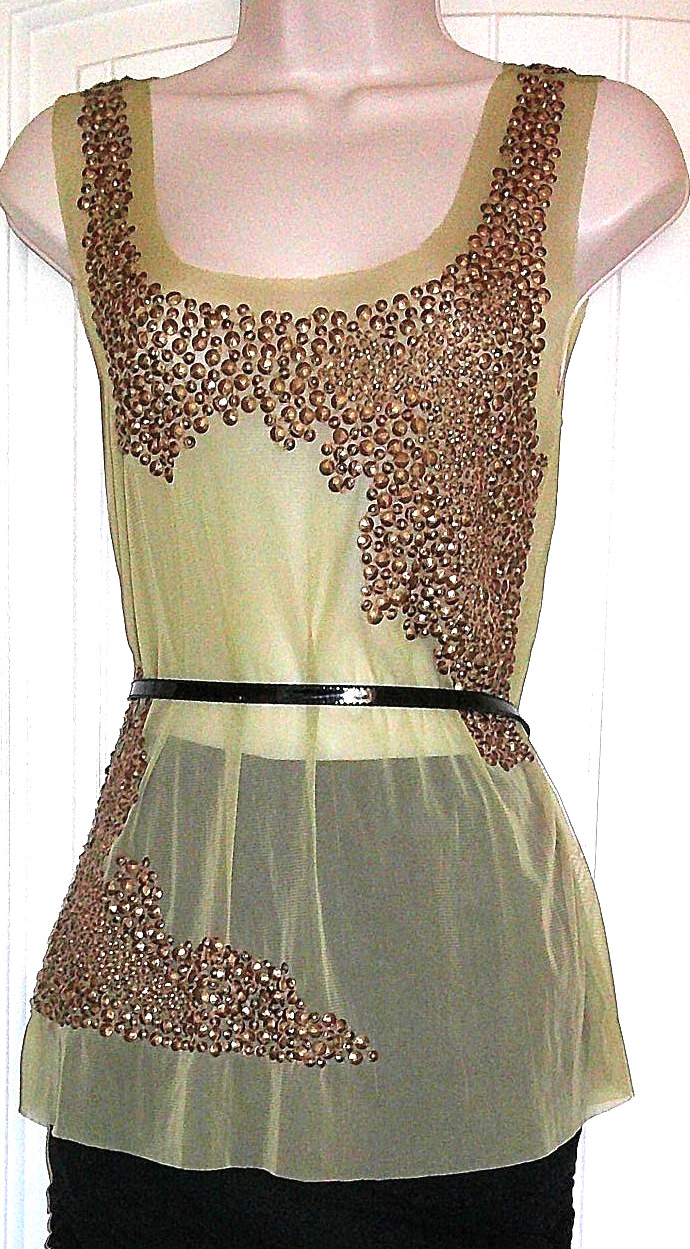 RARE Sheer Green Mesh Tank, U-Neck, Hand Sewn Sequins, Made in India, XS, EUC image 3