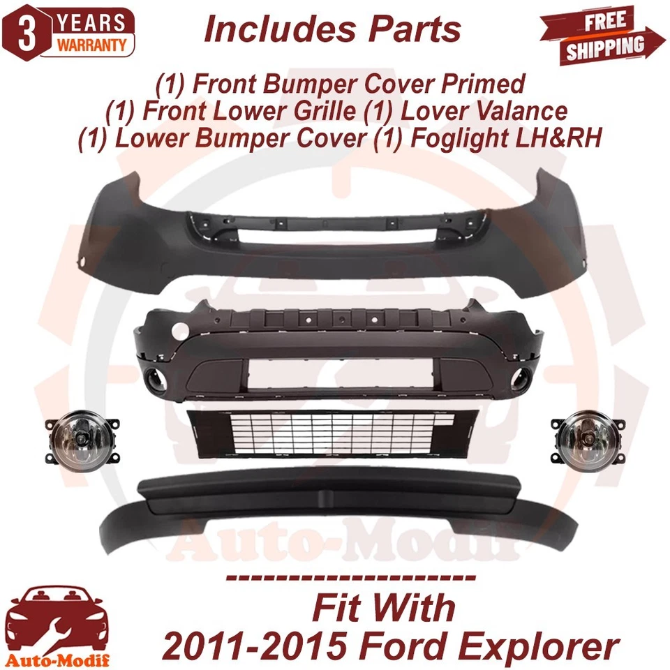 Front Bumper Cover Primed & Lower Grille & FogLights For 2011-2015 Ford Explorer Foto 2 de 4