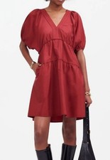 Madewell Puff-Sleeve Mini Dress in Poplin Women's Size Large in Claret NWT!