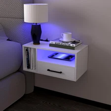 Floating Nightstand with Charging Station and LED Lights, Floating Bedside Table